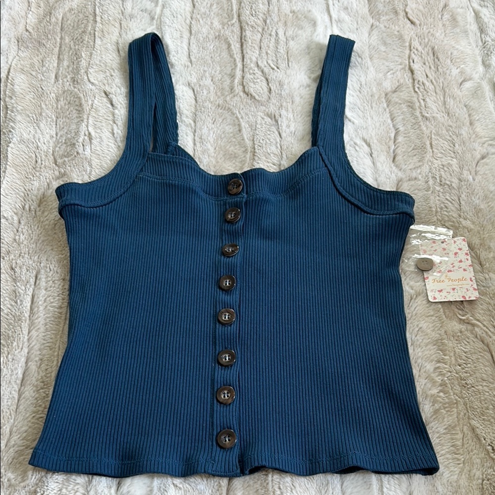 Free People Blue Button-Up Ribbed Tank Top
